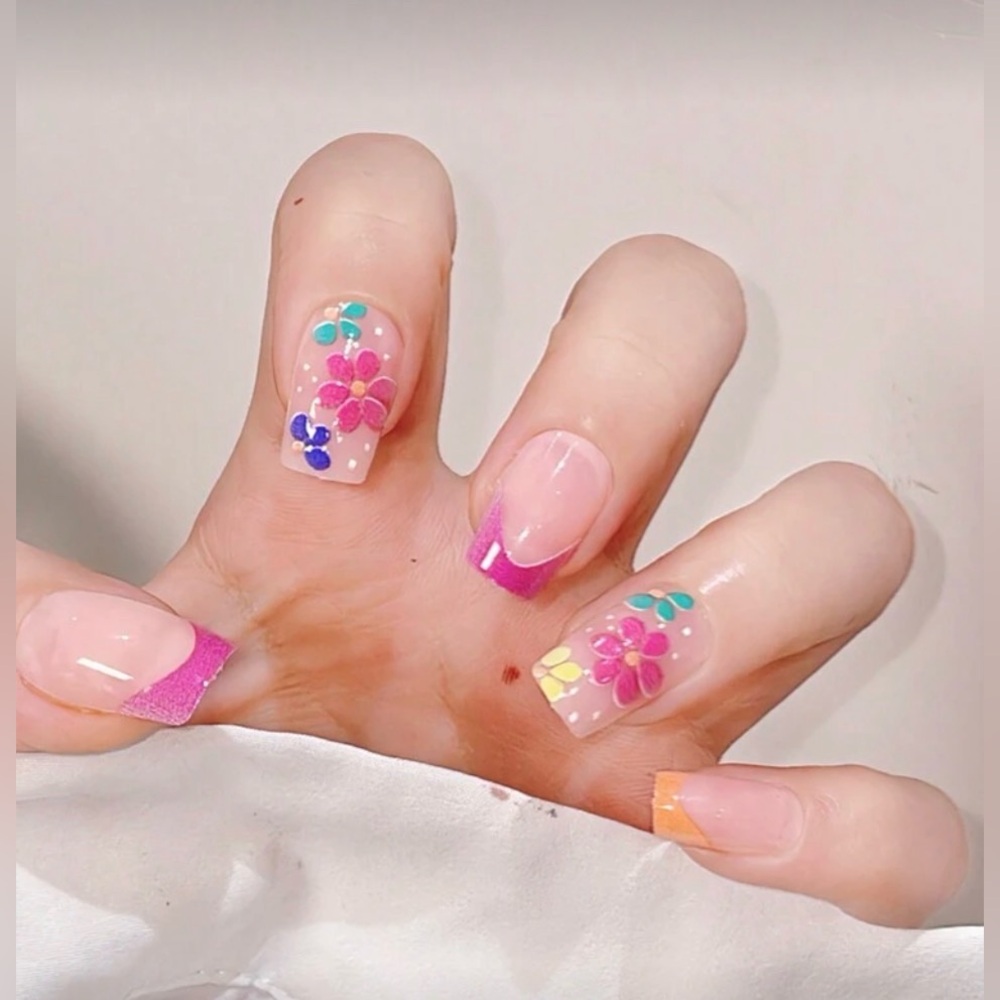 Neon French Tips & Flowers Pink, Yellow, Blue, Orange Squoval Nails, New - Picture 2 of 9
